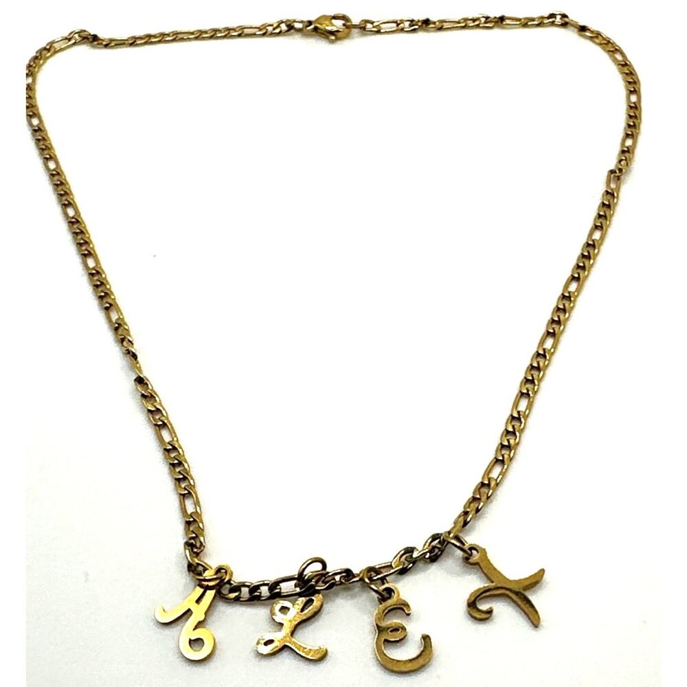 Gold Tone "Alex" Letter Charm Necklace Figaro Chain Gold Plated